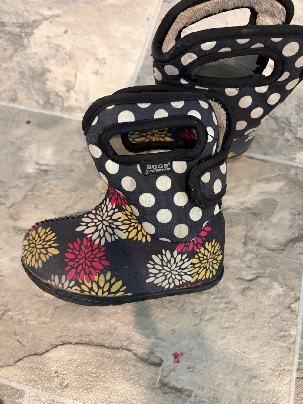 Bogs Kids Black Polka Dot Boots with Yellow & Pink Floral Accents